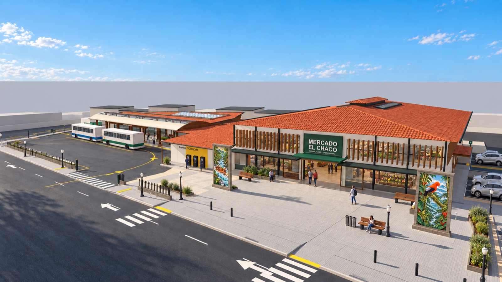 Vista general de la propuesta: fachada del mercado, plaza peatonal y terminal de buses
