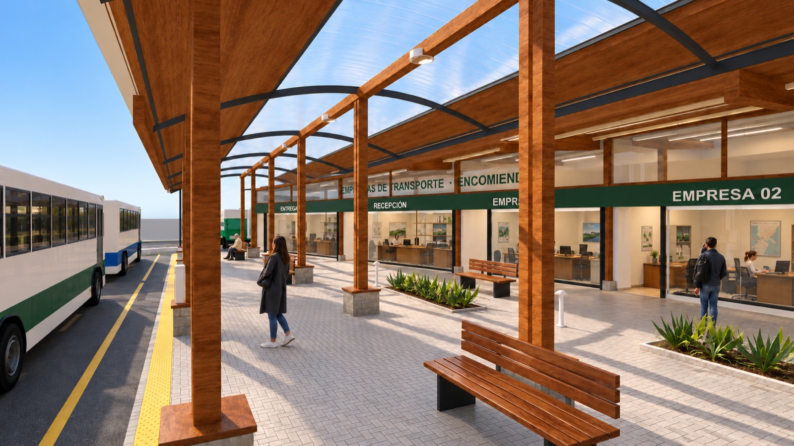 Modelo de la galería del terminal con oficinas de transporte, encomiendas, bancas y buses