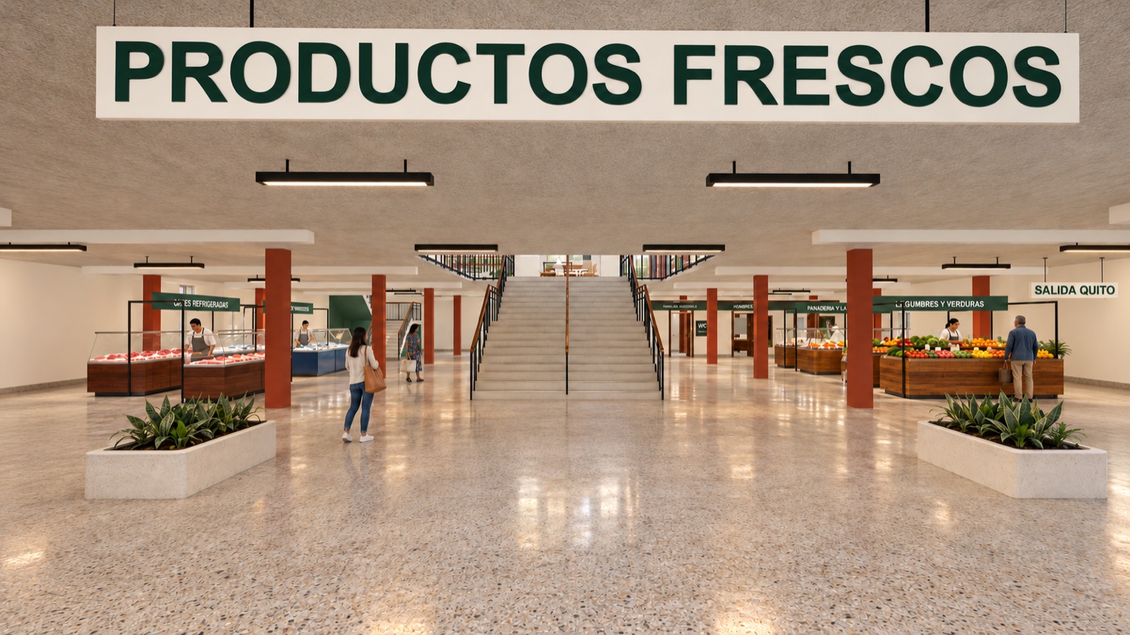 Modelo de la planta baja con puestos de productos frescos, carnes, pescado, panadería y escalera central