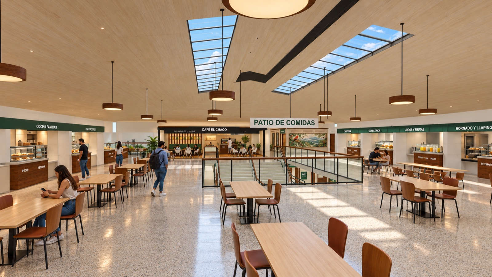 Modelo del patio de comidas de la planta alta, con café, mesas, locales de gastronomía y entrada de luz natural